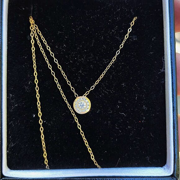 10K Yellow Gold CZ Necklace Round Halo w/ 14K Gold-Filled, 18" Chain MSRP$250 - Picture 1 of 9